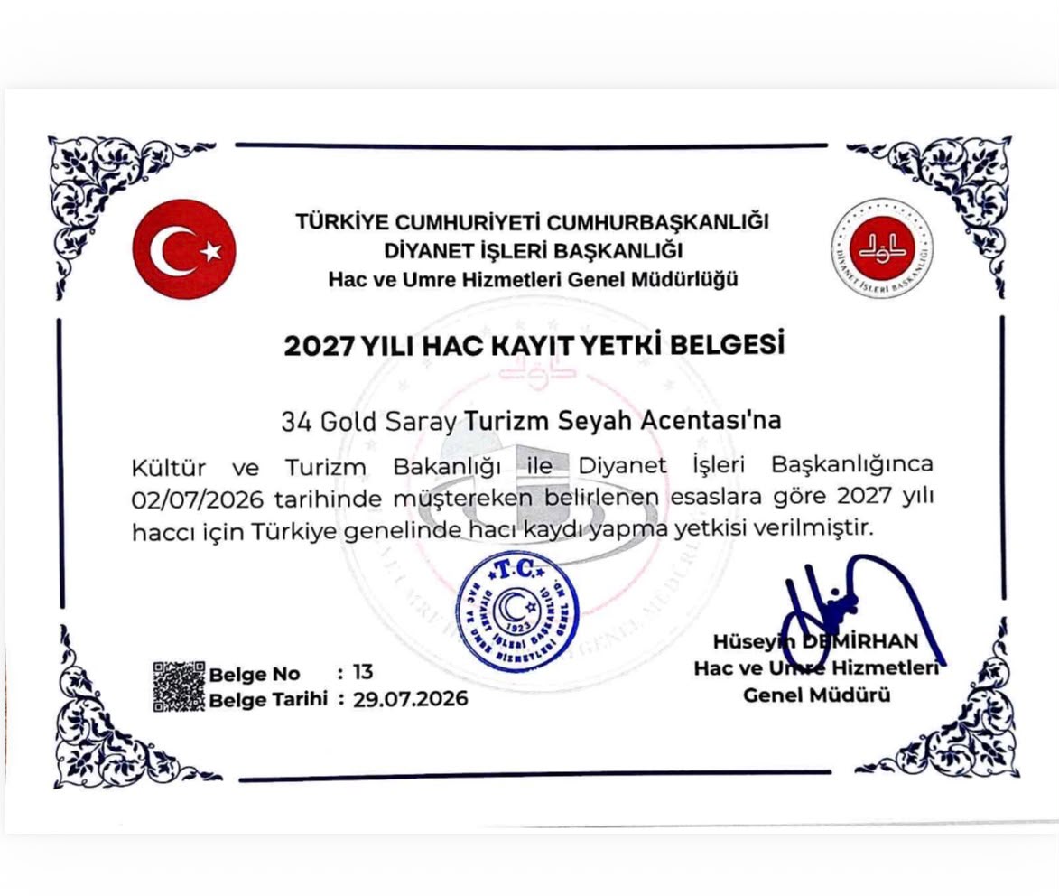 2027 Yılı 34 Gold Saray Turizm Hac Yetki Belgemiz